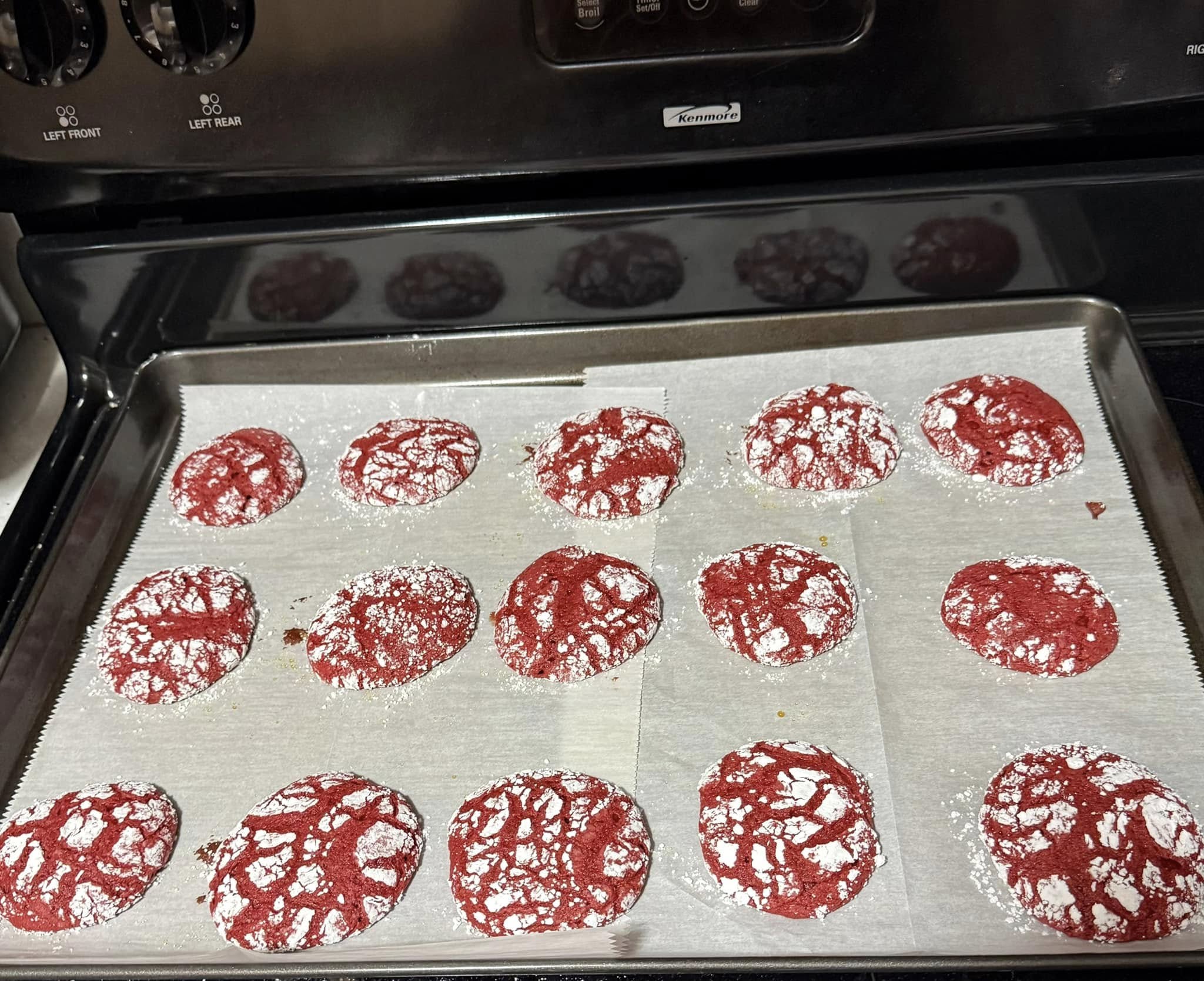 Round dough balls heavily coated in powdered sugar