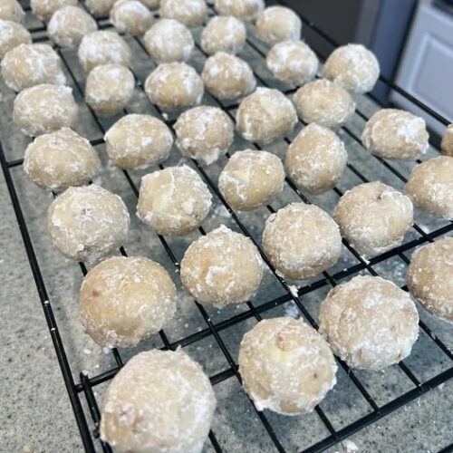 Crumbly inside of butter pecan snowball cookie