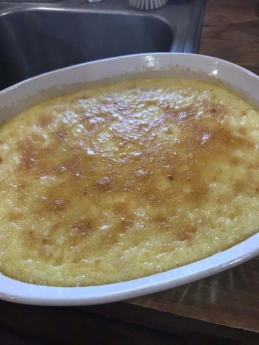 Bronzed top of old fashioned lemon rice pudding