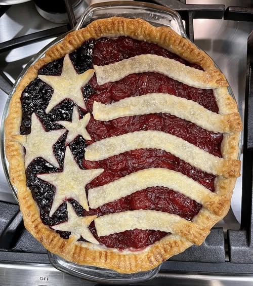 Pie decorated like U.S. flag ready for oven