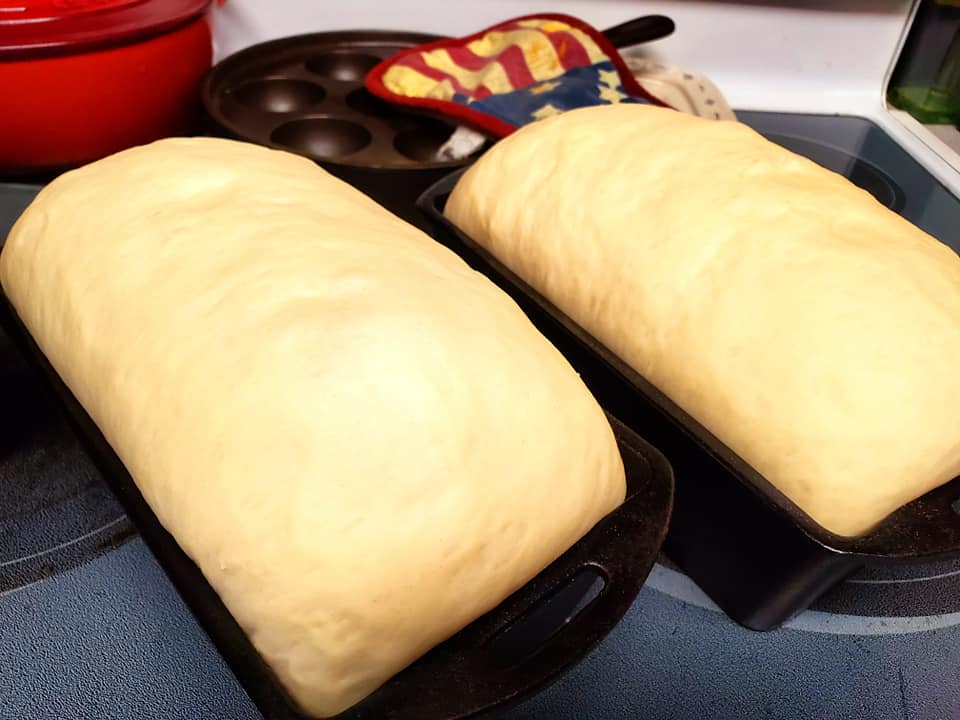 unbaked soft white bread dough rising in cast iron loaf pans