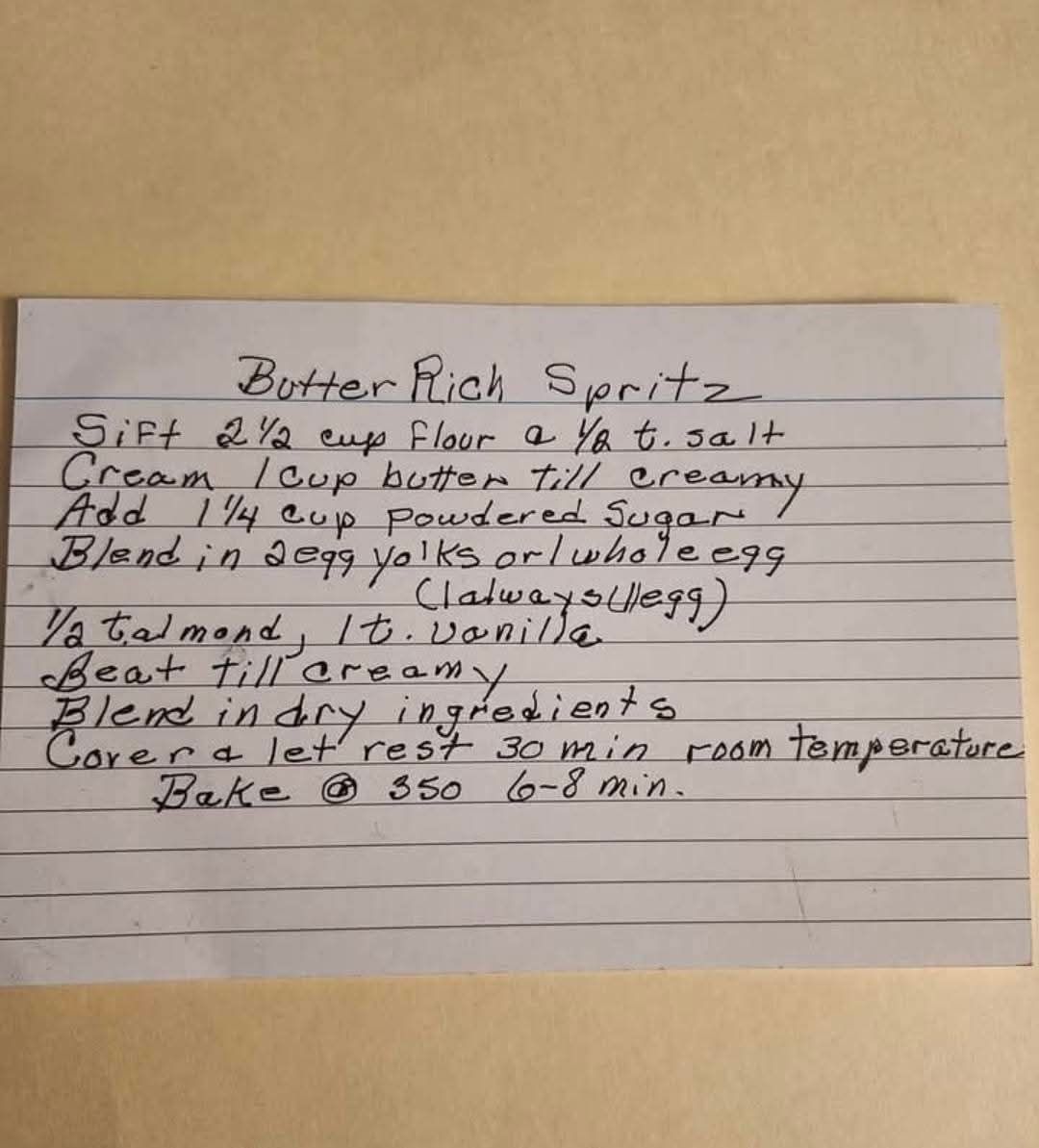 vintage handwritten recipe card for butter rich spritz cookies