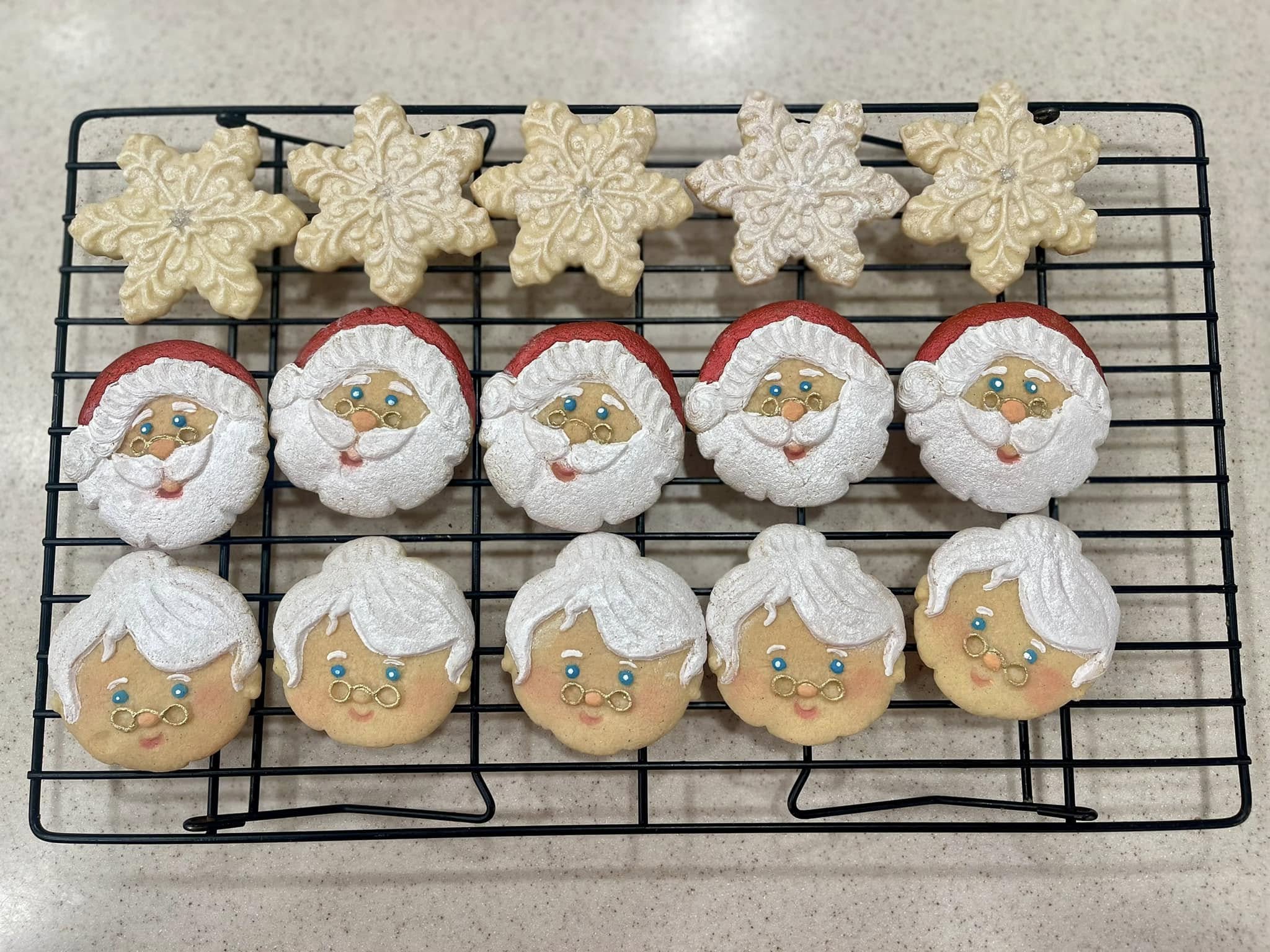Intricate snow globe cookies with painted Christmas trees inside, reindeer faces with big eyes, and Santa Claus popping out of brick chimneys