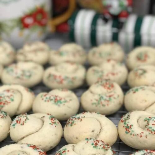 Close up of the 2018 Cookie Map showing #17, a knotted wine cookie topped with festive sprinkles.