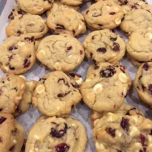 Close up of a single golden oatmeal cookie loaded with red craisins and white chocolate chips.