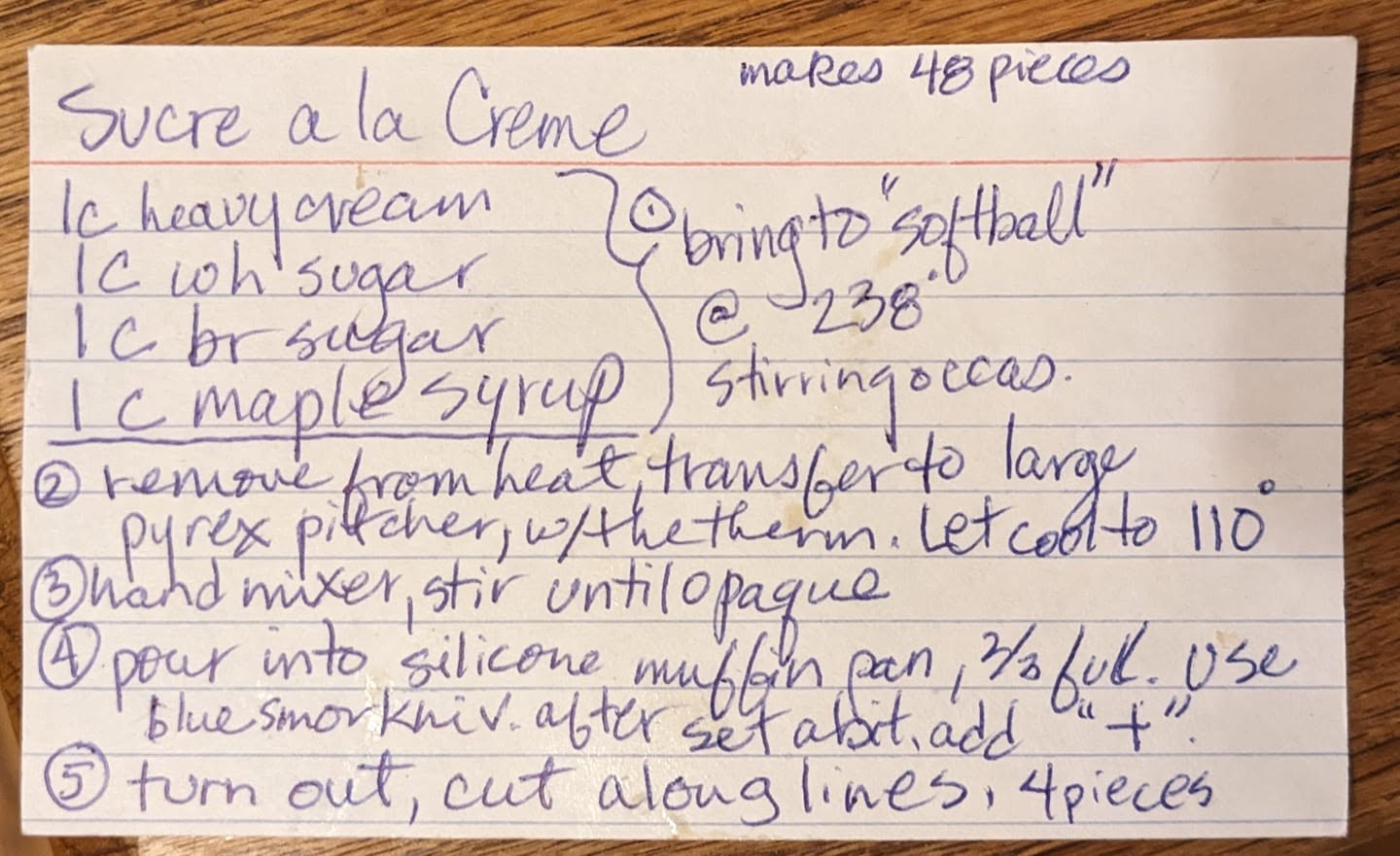 A handwritten recipe card for Sucre a la Creme detailing the four ingredients, cooking temperatures, and step-by-step instructions.