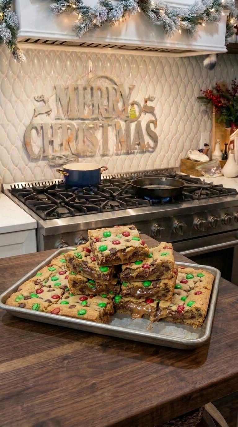 A towering stack of thick, gooey Christmas cookie bars loaded with red and green M&Ms and chocolate chips, resting on a metal baking sheet in a festive holiday kitchen.