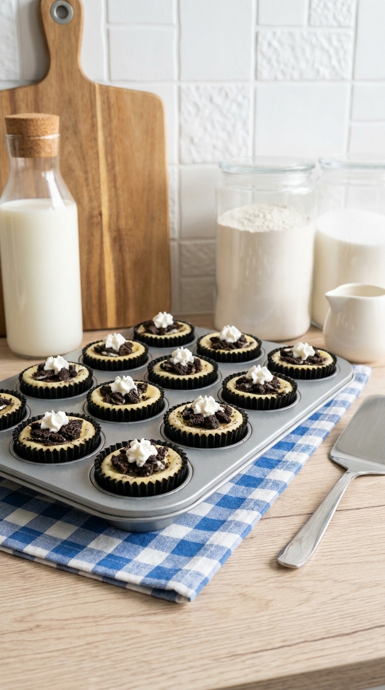 Mini Oreo cheesecake bites in black cupcake liners, topped with crushed chocolate sandwich cookies and small dollops of whipped cream in a muffin pan.