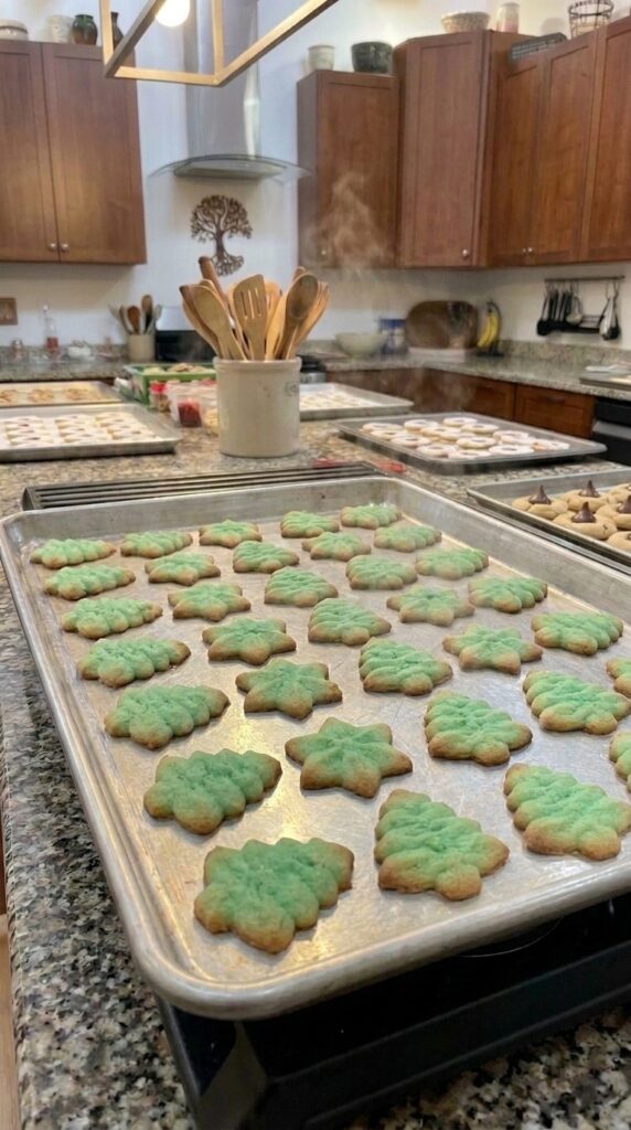 A beautiful holiday assortment of golden and green classic butter spritz cookies shaped like trees and stars, decorated with colorful sprinkles.