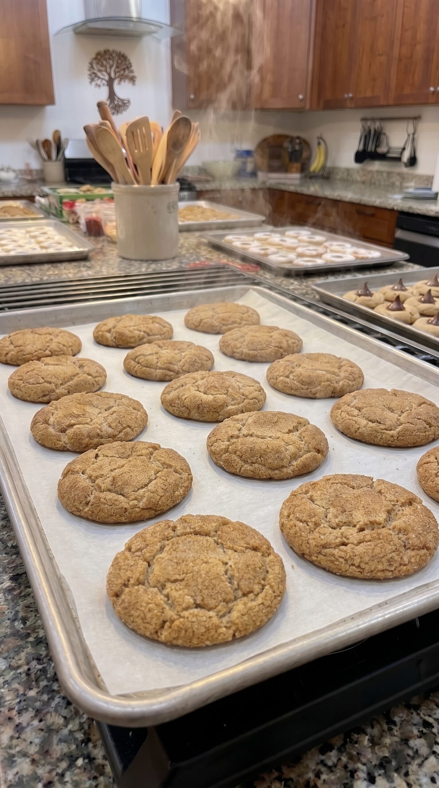 A stack of freshly baked, chewy snickerdoodle cookies heavily coated in cinnamon sugar resting on a wire cooling rack.