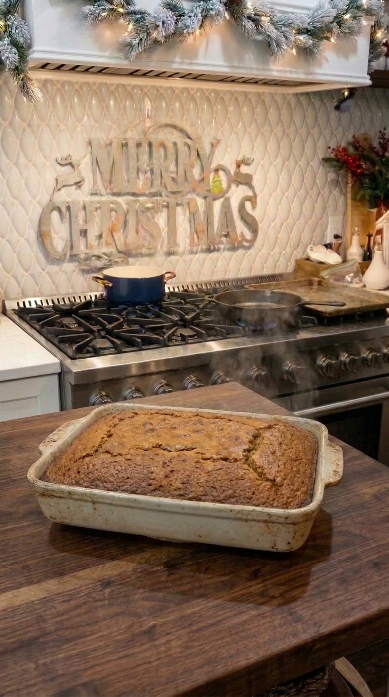 Freshly baked sticky toffee pudding date cake in a ceramic baking dish with a golden brown surface before adding toffee sauce.