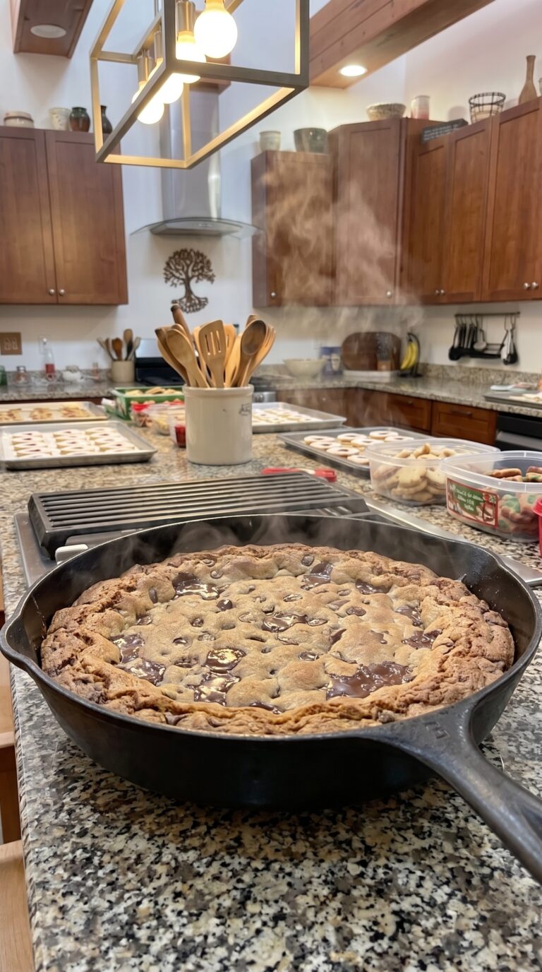 A massive, warm chocolate chip and holiday M&M skillet cookie baked in a cast iron pan, topped with melting scoops of vanilla ice cream.