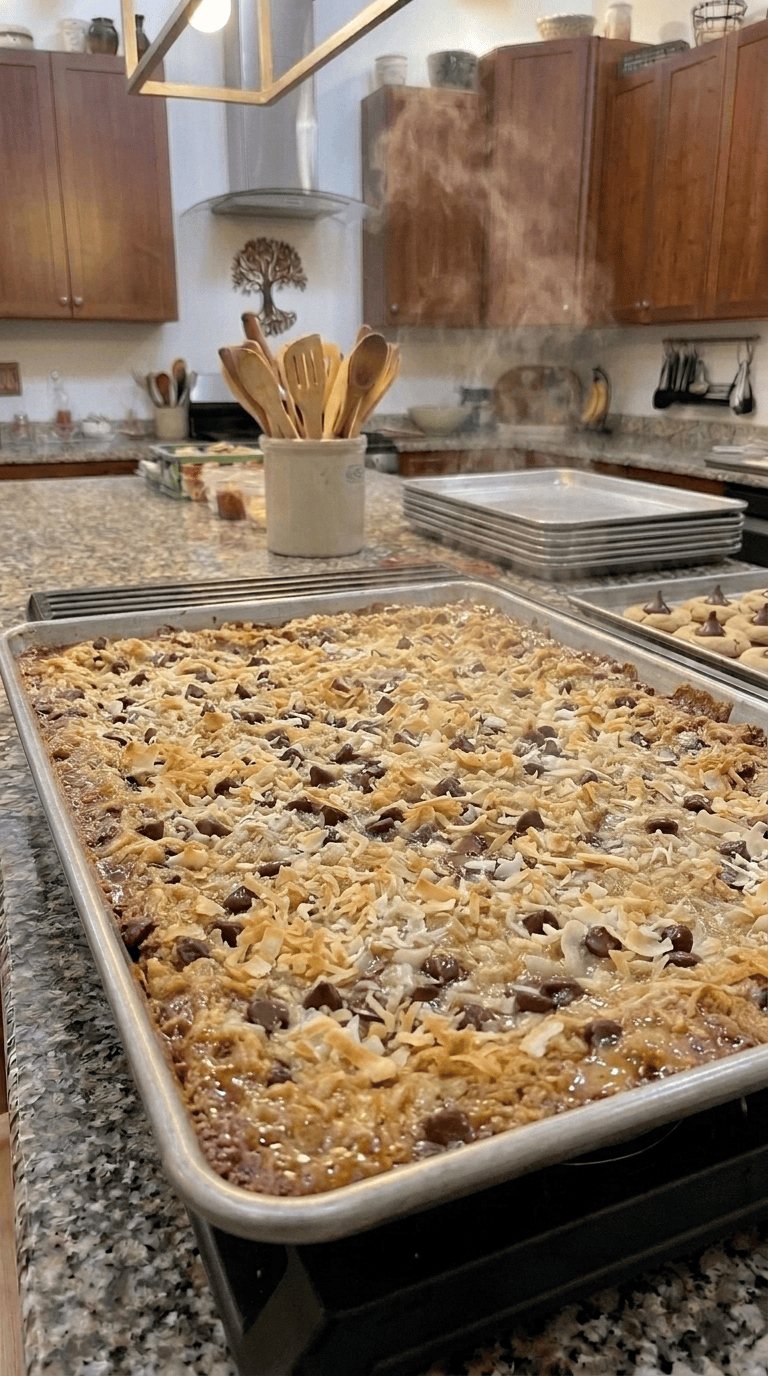 A stack of chewy 7-layer magic cookie bars showing a thick graham cracker crust, gooey chocolate chips, butterscotch, pecans, and perfectly toasted coconut.
