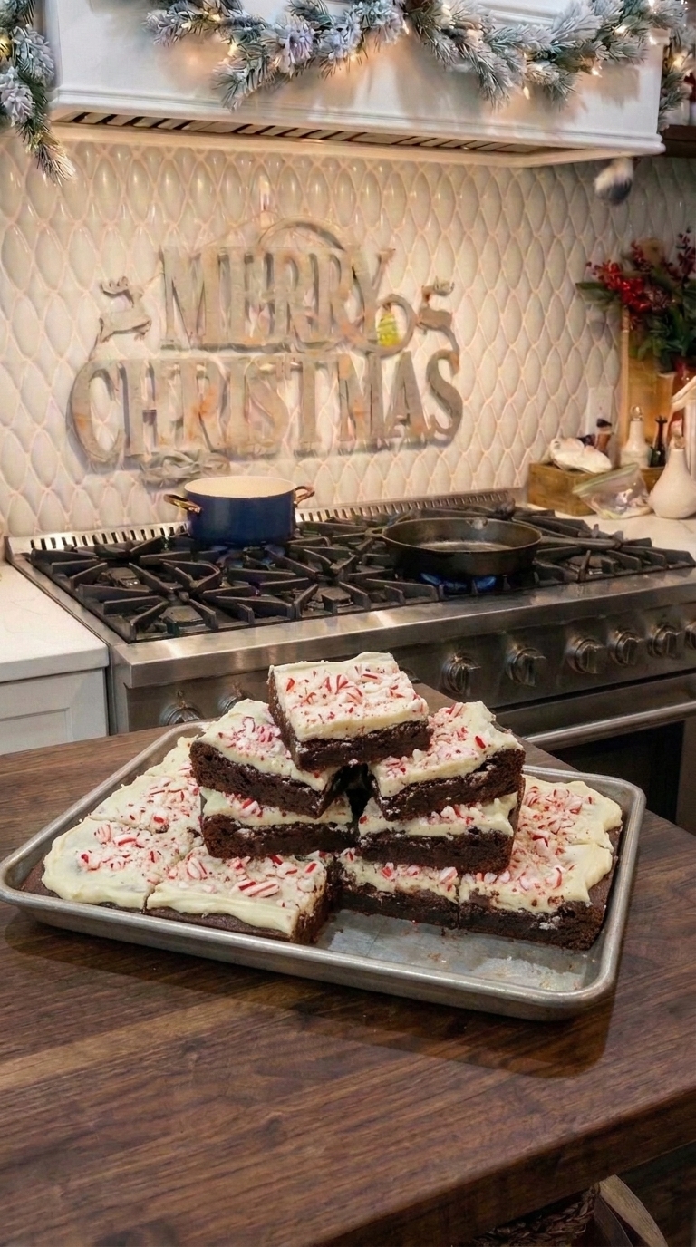 A beautiful holiday baking setup showing a stack of thick, frosted chocolate peppermint brownies in a kitchen with a glowing Merry Christmas sign above the stove.