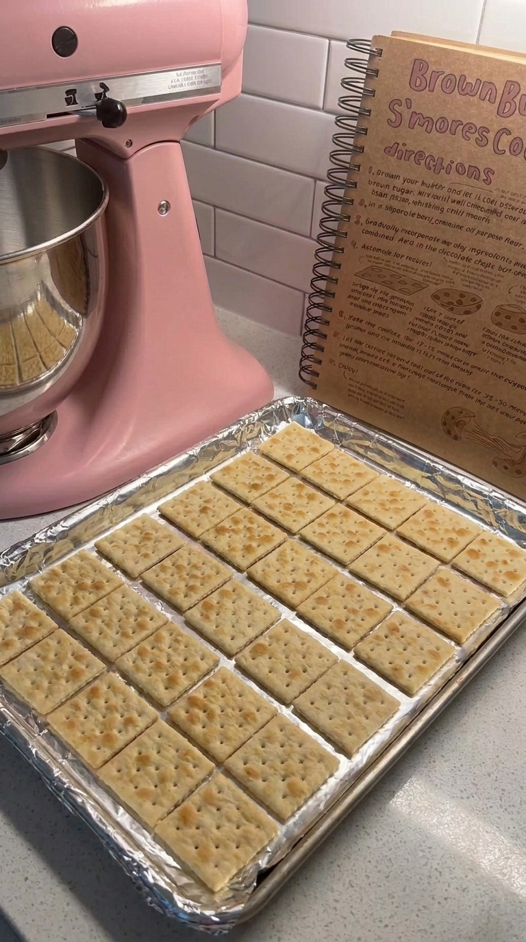 Saltine crackers arranged in a single layer on a lined baking sheet for old-fashioned Pine Bark candy.