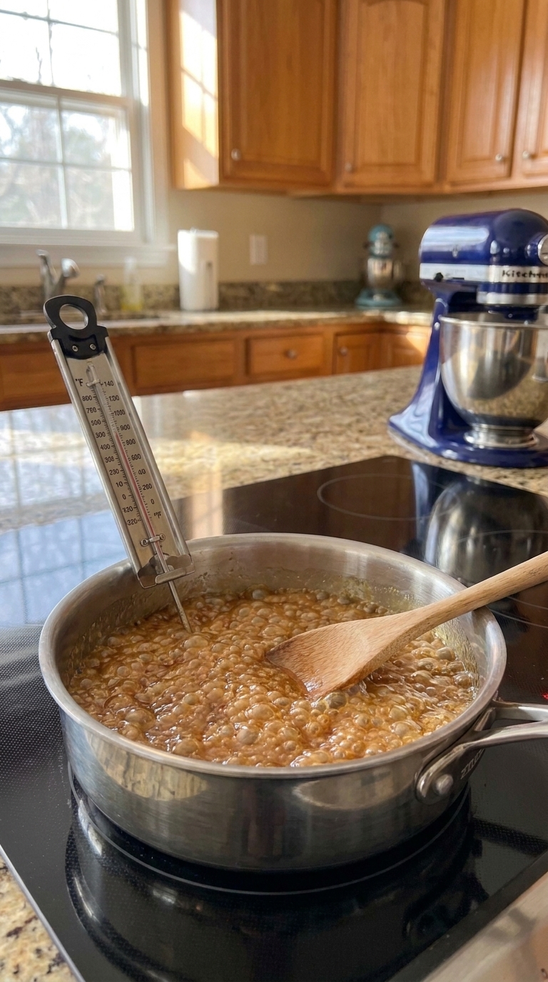 Bubbling brown sugar praline mixture cooking in a saucepan with a candy thermometer.