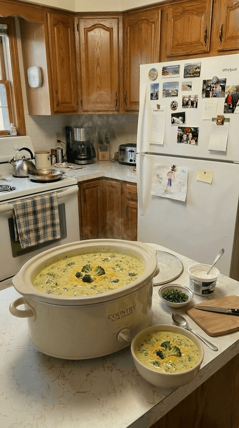 A wooden spoon stirring a rich, creamy broccoli cheese soup inside a slow cooker, topped with freshly shredded cheddar and bright green broccoli florets.