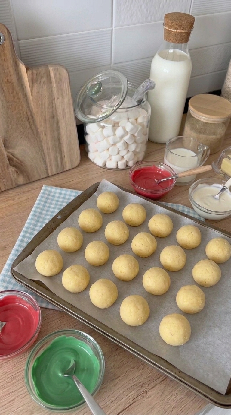 Smooth, round cake balls arranged on a parchment-lined baking sheet before being dipped in Christmas candy melts.