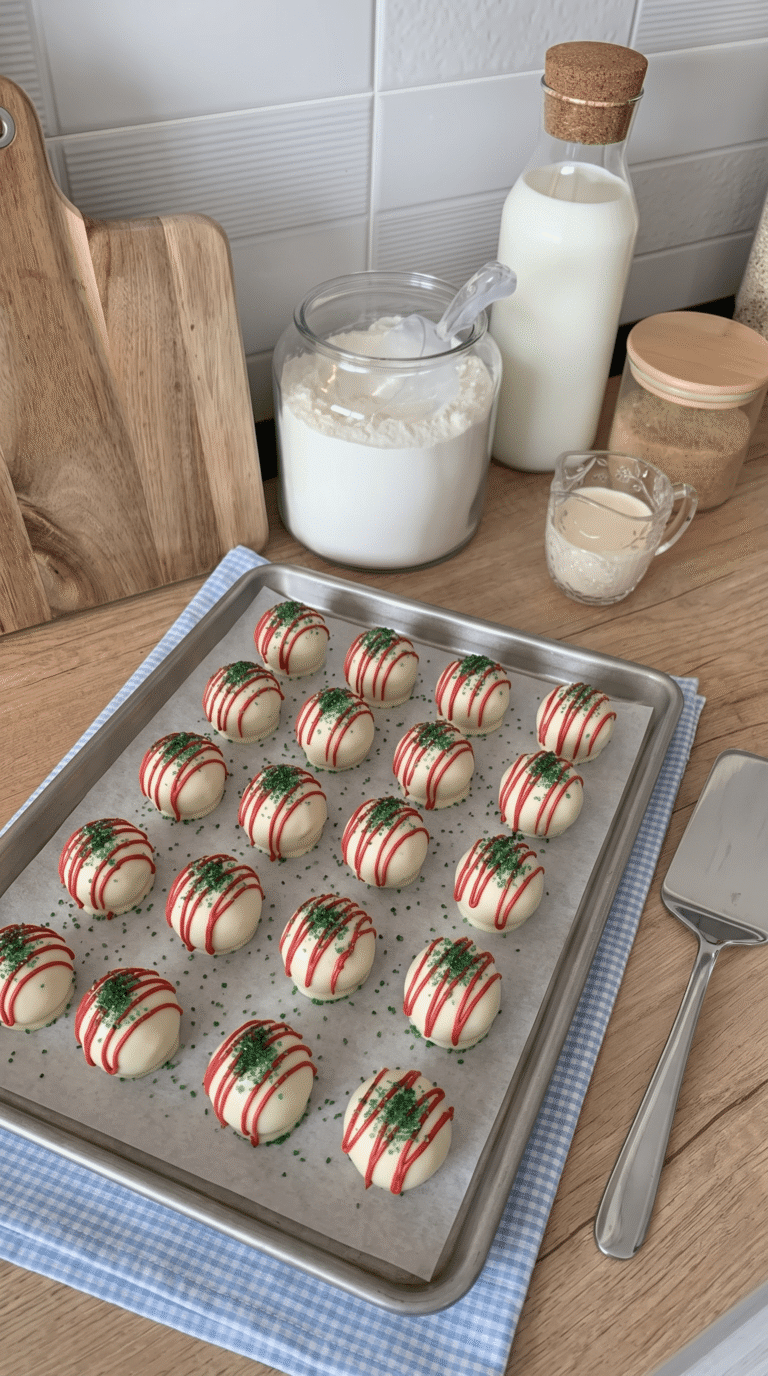 A hand sprinkling sparkling green sugar over white chocolate-coated cake balls decorated with a red candy drizzle on a parchment-lined baking sheet.