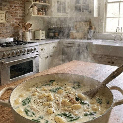 : A steaming bowl of creamy chicken gnocchi soup filled with pillowy potato dumplings, shredded chicken, carrots, and fresh spinach.