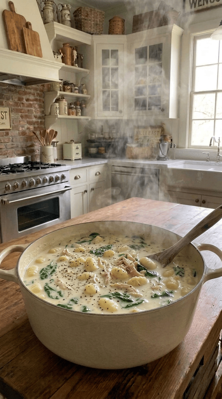: A steaming bowl of creamy chicken gnocchi soup filled with pillowy potato dumplings, shredded chicken, carrots, and fresh spinach.