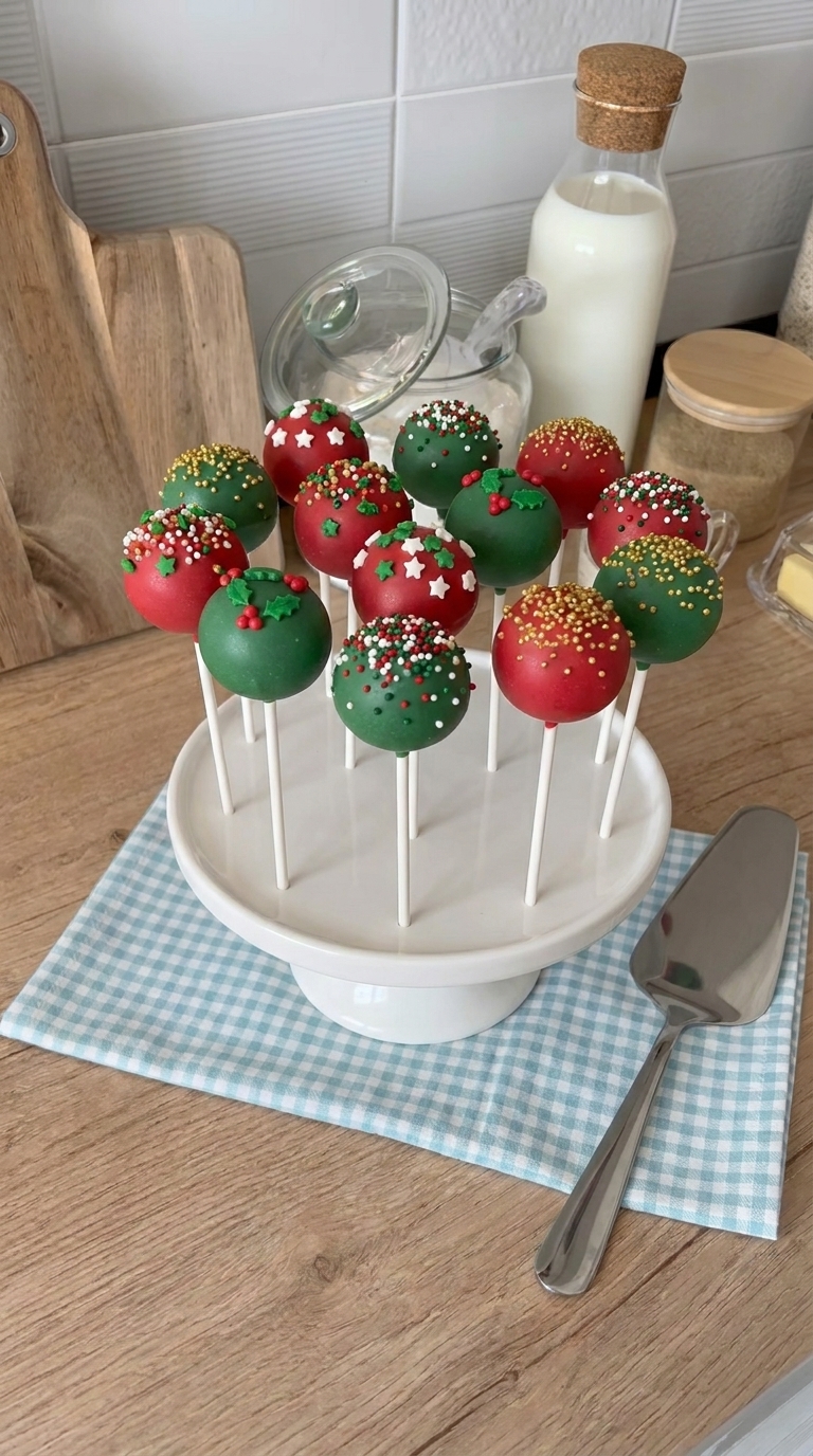 Red and green Christmas cake pops decorated with festive sprinkles and edible holly, displayed on white sticks in a cake pop stand.