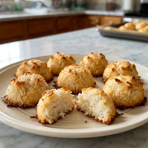 Old-fashioned coconut macaroons with golden toasted coconut edges and soft chewy centers arranged on a baking tray.