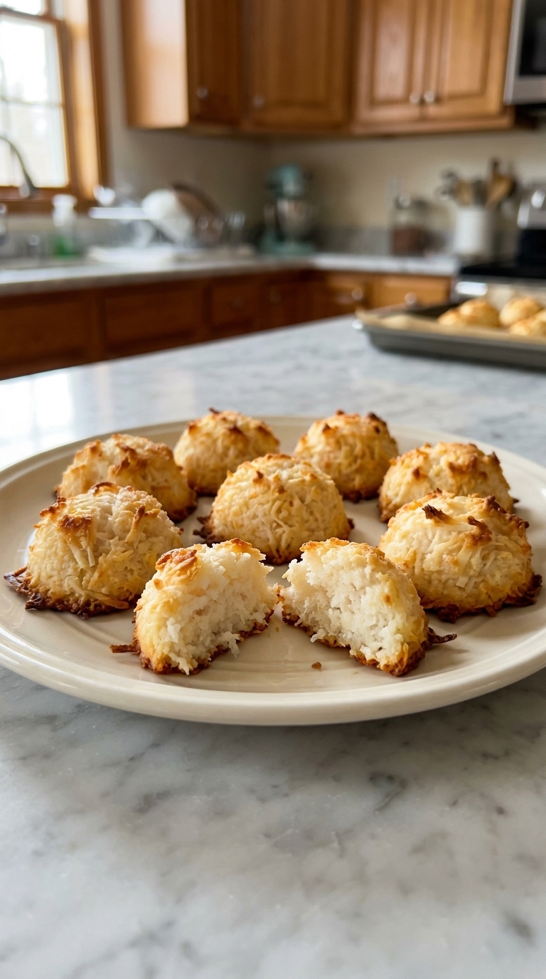 Old-fashioned coconut macaroons with golden toasted coconut edges and soft chewy centers arranged on a baking tray.