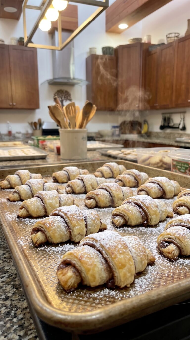 A beautiful platter of freshly baked, golden-brown cream cheese rugelach, showcasing flaky layers and a sweet jam and walnut filling.