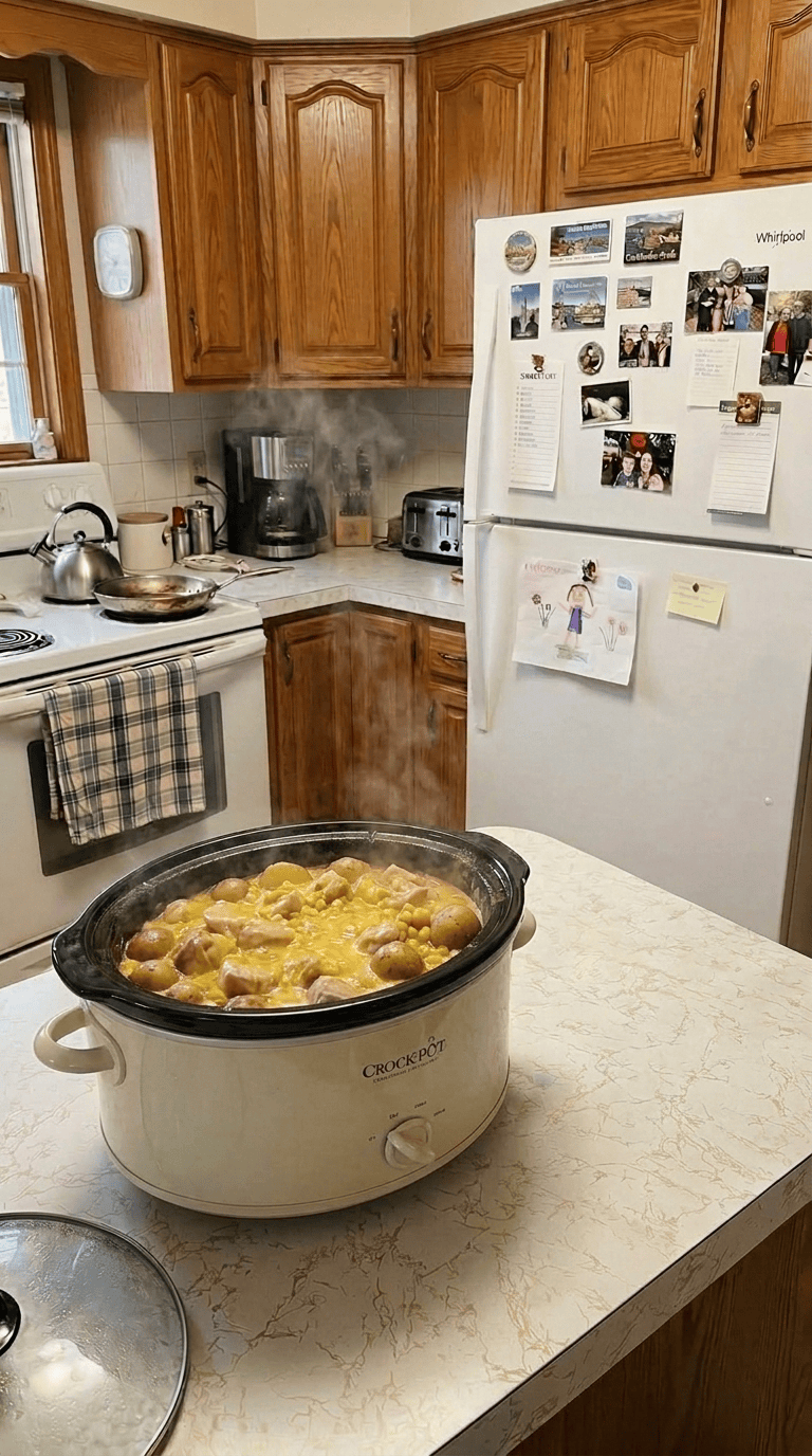 A slow cooker filled with tender bite-sized chicken, halved baby potatoes, and sweet corn coated in a rich, creamy cheddar cheese sauce, topped with crumbled bacon.