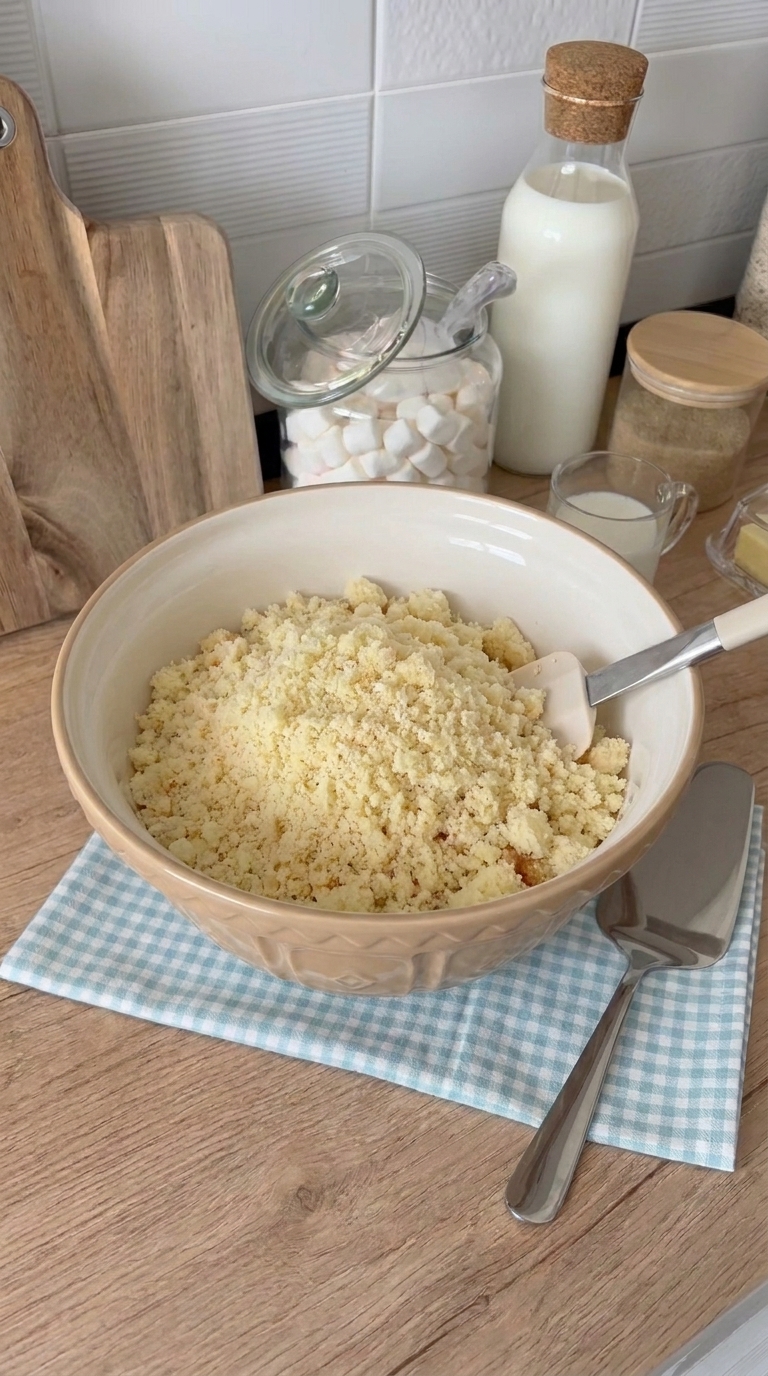 Finely crumbled vanilla cake in a large mixing bowl, ready to be combined with frosting for homemade Christmas cake pops.