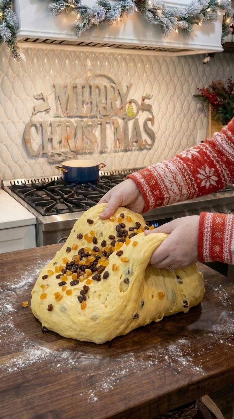 Raisins and candied orange peel being folded into soft panettone dough on a lightly floured countertop.