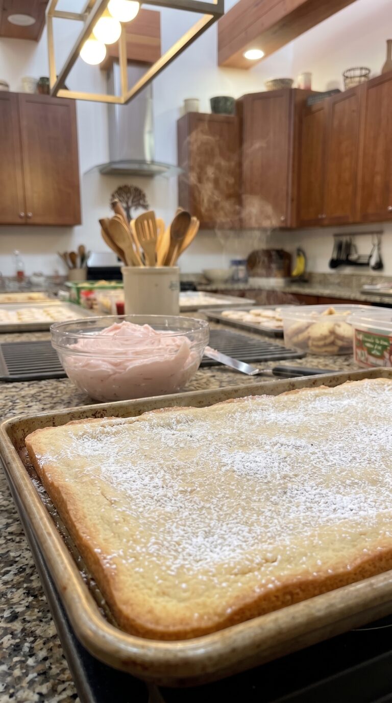 A stack of thick, soft sugar cookie bars topped with generous layers of pink vanilla buttercream frosting and colorful holiday sprinkles.
