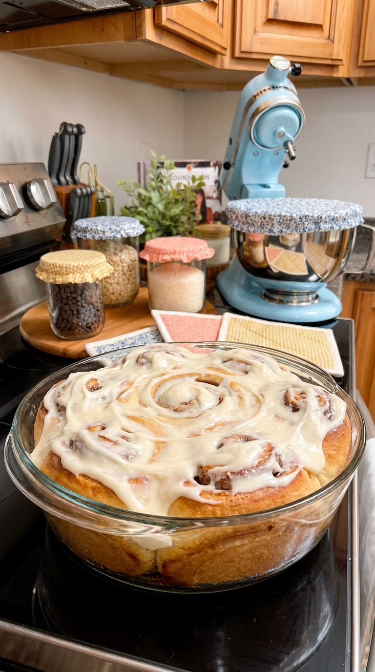 Giant homemade cinnamon roll baked in a round dish with golden cinnamon sugar swirls and thick cream cheese icing.