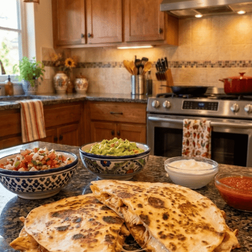 A stack of golden, crispy Mexican chicken quesadillas sliced into wedges, oozing with melted cheese and served with fresh salsa and guacamole.