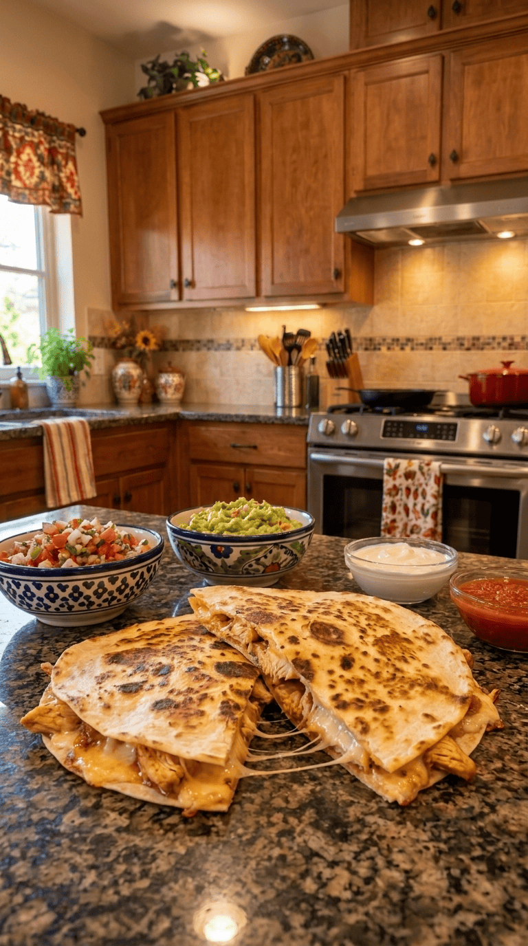 A stack of golden, crispy Mexican chicken quesadillas sliced into wedges, oozing with melted cheese and served with fresh salsa and guacamole.