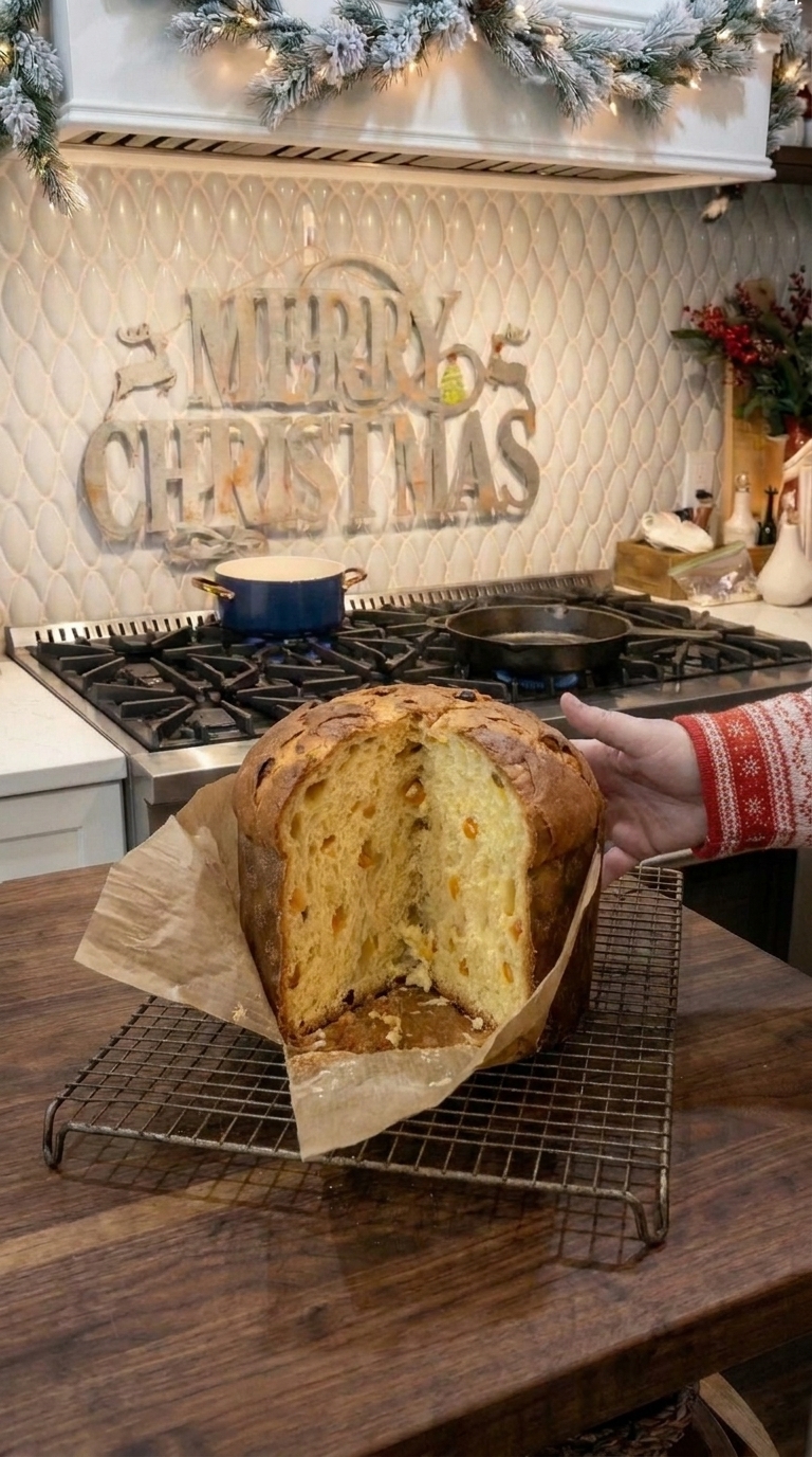 Homemade Italian panettone Christmas bread with a golden crust, raisins, and candied orange peel, baked in a tall paper mold.