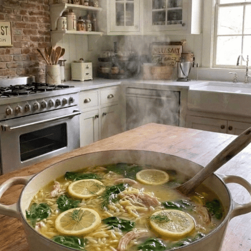 A steaming bowl of lemon chicken orzo soup loaded with tender carrots, fresh spinach, and shredded chicken, garnished with fresh dill and a bright lemon slice.
