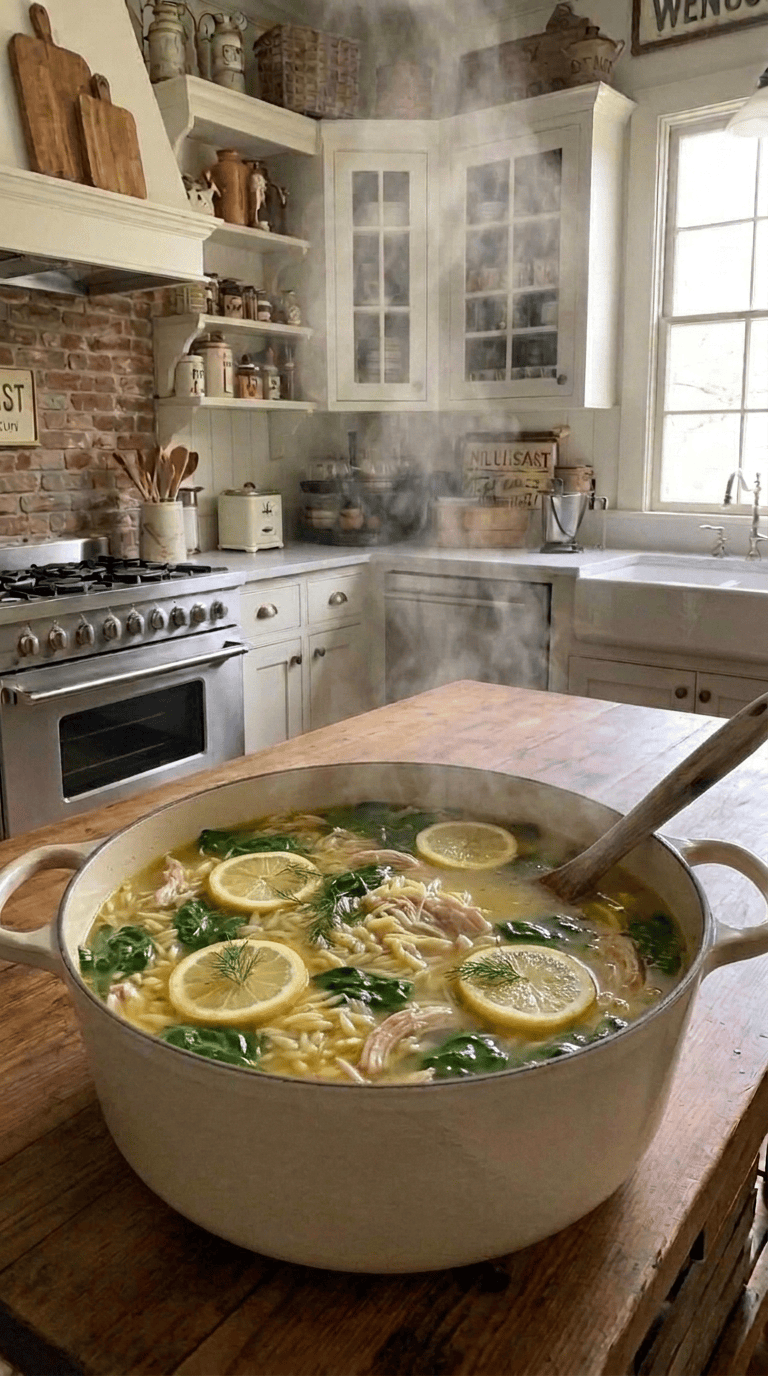 A steaming bowl of lemon chicken orzo soup loaded with tender carrots, fresh spinach, and shredded chicken, garnished with fresh dill and a bright lemon slice.