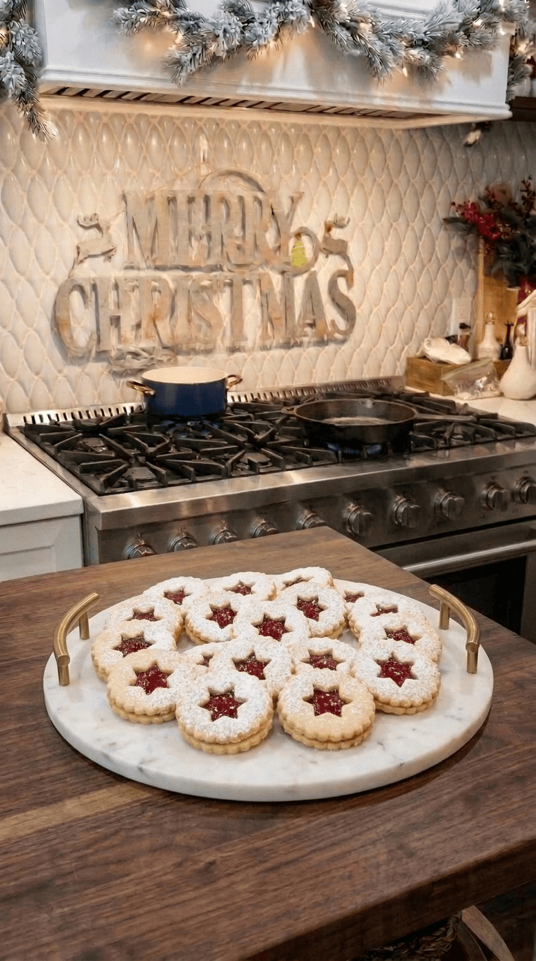 A beautiful stack of homemade Classic Raspberry Linzer cookies with a star-shaped cutout, revealing bright red raspberry jam and dusted with powdered sugar.