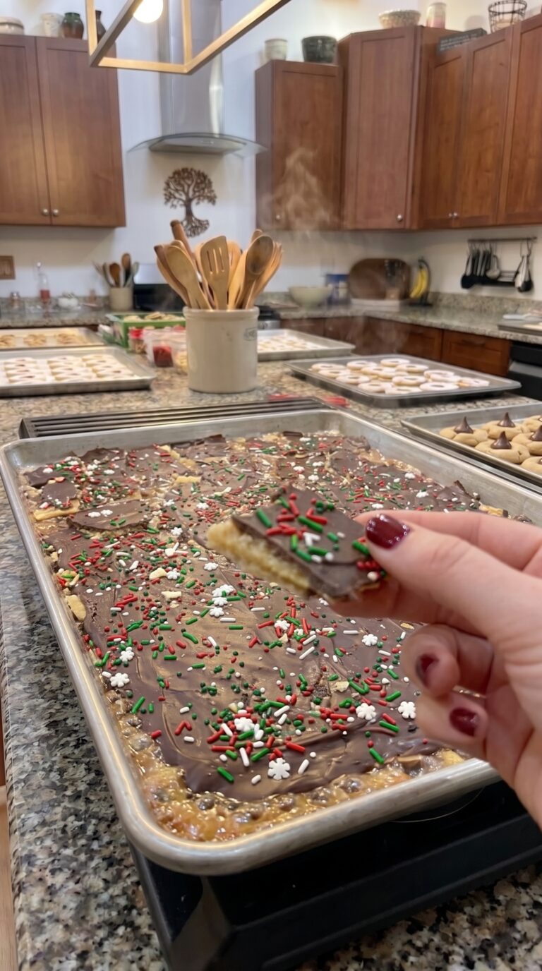 A pile of broken Christmas crack saltine toffee pieces, showing the distinct layers of cracker, caramelized toffee, dark chocolate, and festive holiday sprinkles.