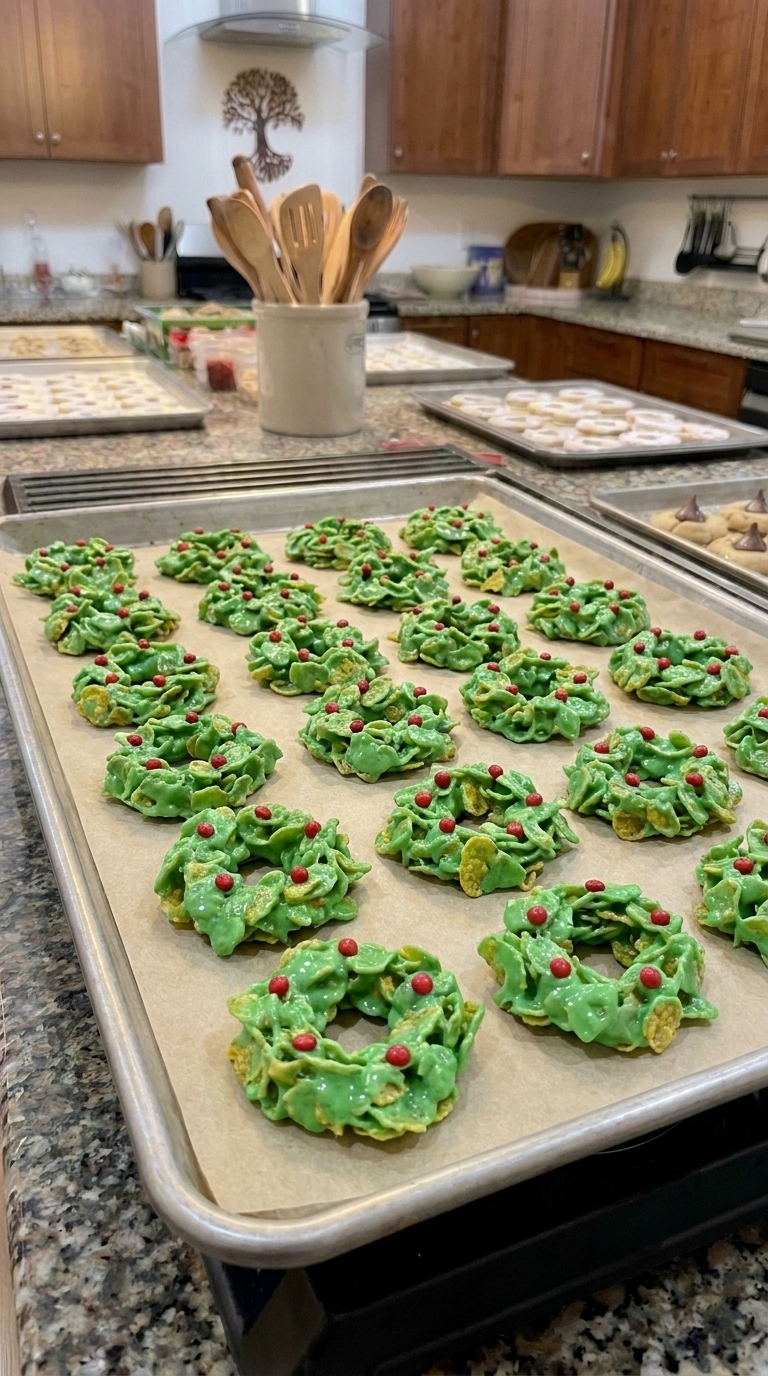 A festive tray of bright green no-bake cornflake wreath cookies decorated with tiny red cinnamon candies to look like holly berries.
