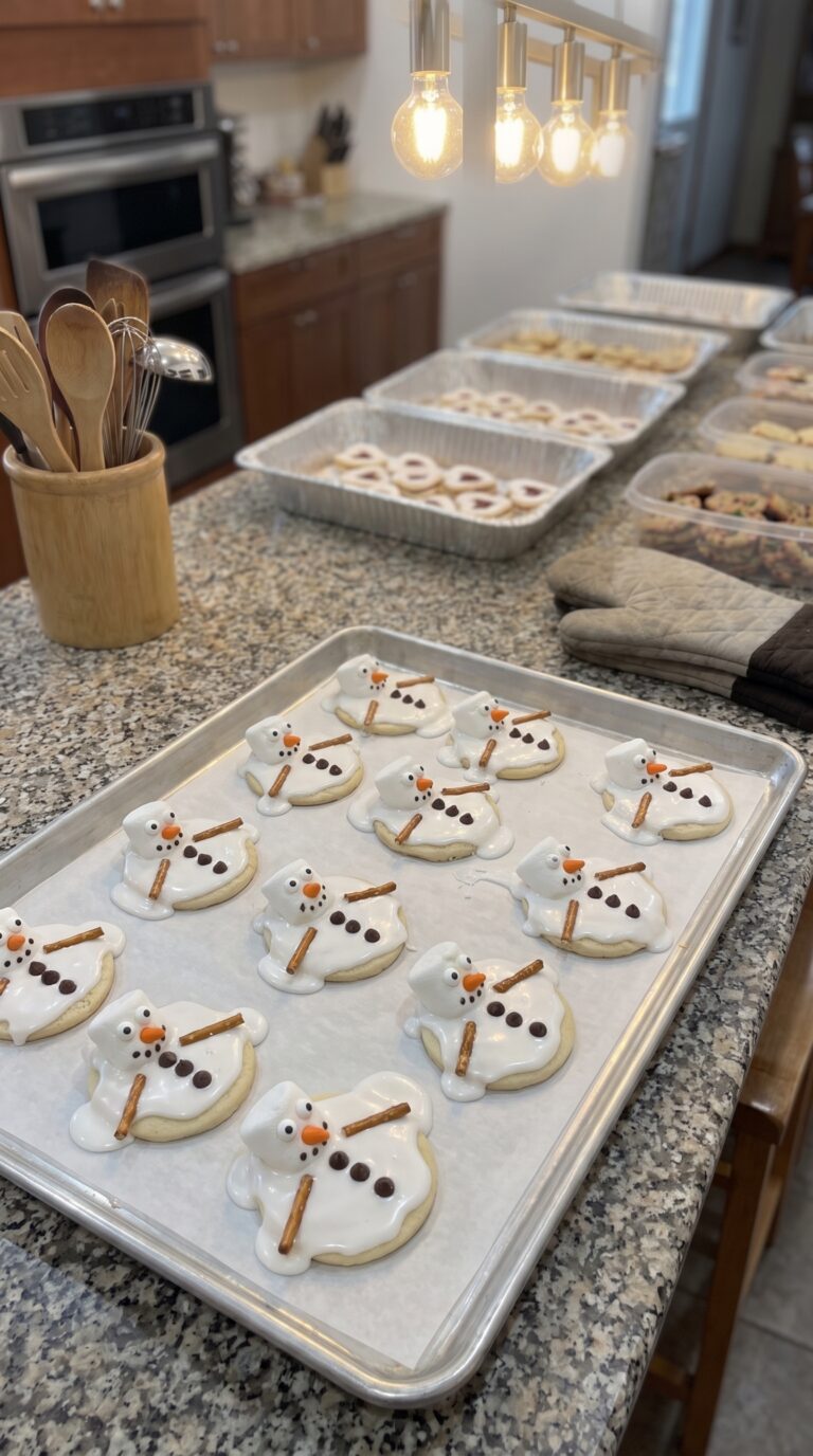 A playful tray of melted snowman sugar cookies featuring a white icing puddle, a puffed marshmallow head, and colorful mini M&M buttons