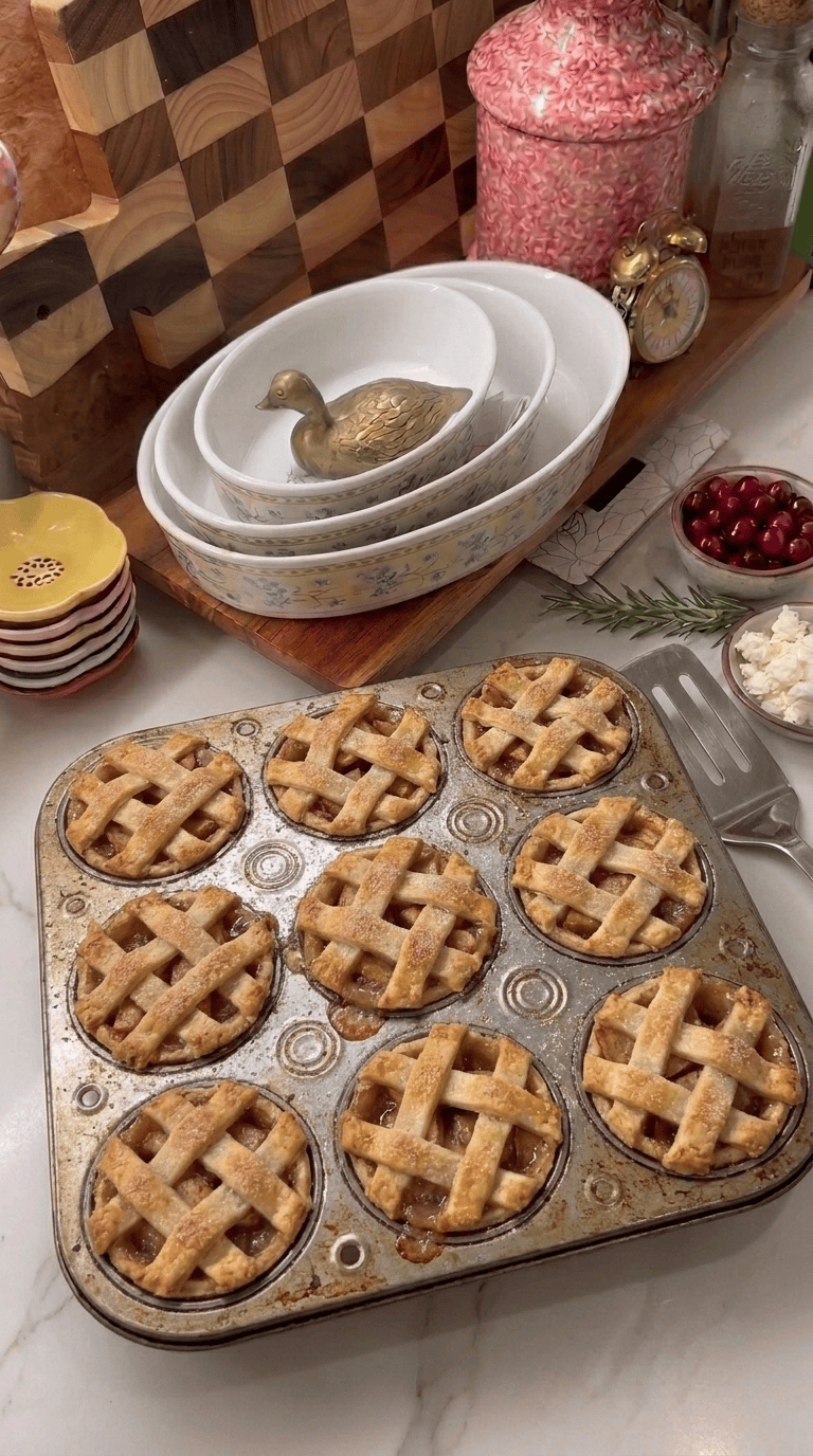 A freshly baked batch of mini apple pies with golden brown lattice crusts sitting in a rustic metal muffin tin on a kitchen counter.