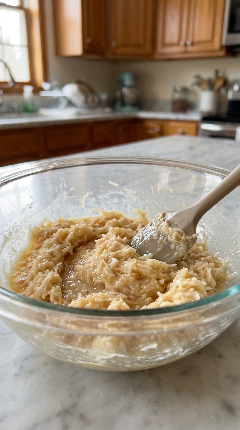 Thick sticky coconut macaroon mixture ready to be scooped onto a parchment-lined baking sheet.