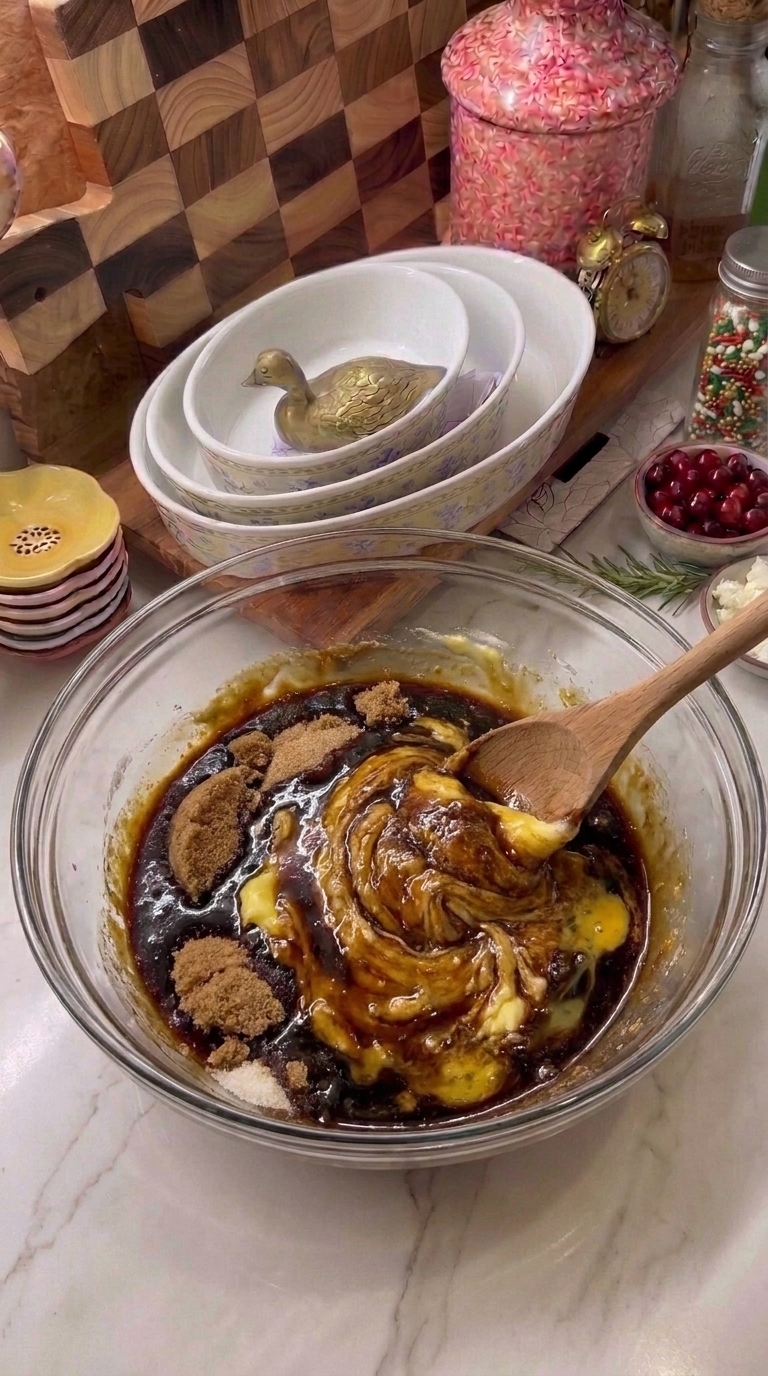 Butter, brown sugar, granulated sugar, molasses, egg, and vanilla mixed together for homemade gingerbread cookie bars.