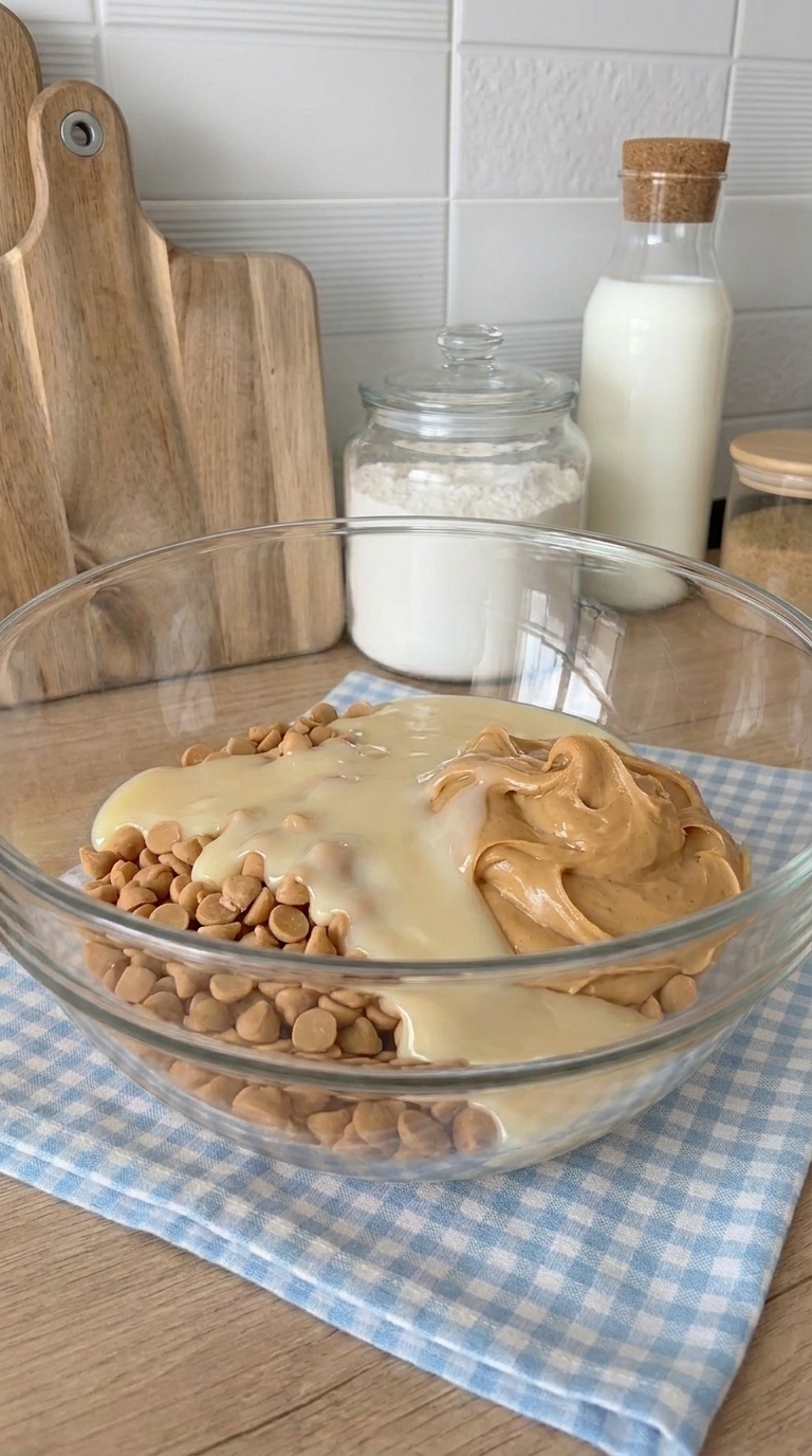 Sweetened condensed milk, peanut butter chips, and creamy peanut butter combined in a glass mixing bowl before melting.