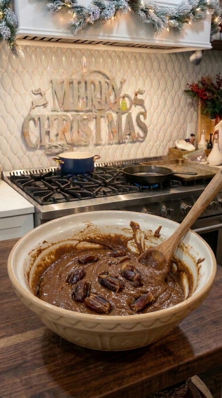 Thick brown sticky toffee pudding batter with softened dates being mixed in a large bowl before baking.