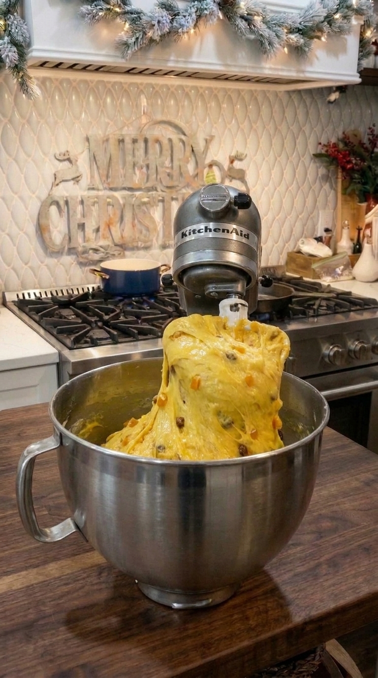 Rich yellow panettone dough being mixed with a dough hook in a stand mixer.