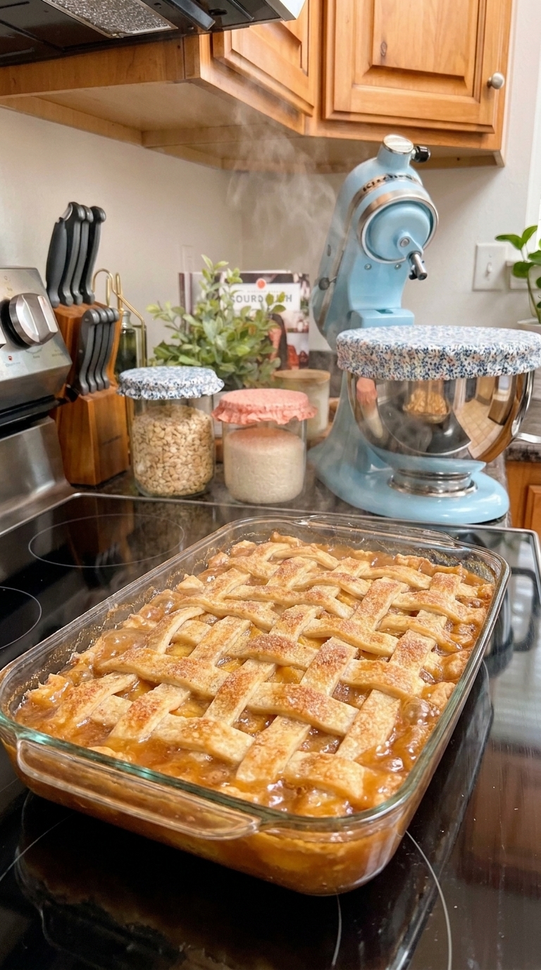 Old-fashioned Southern peach cobbler baked in a glass dish with golden lattice pie crust and sweet peach filling.